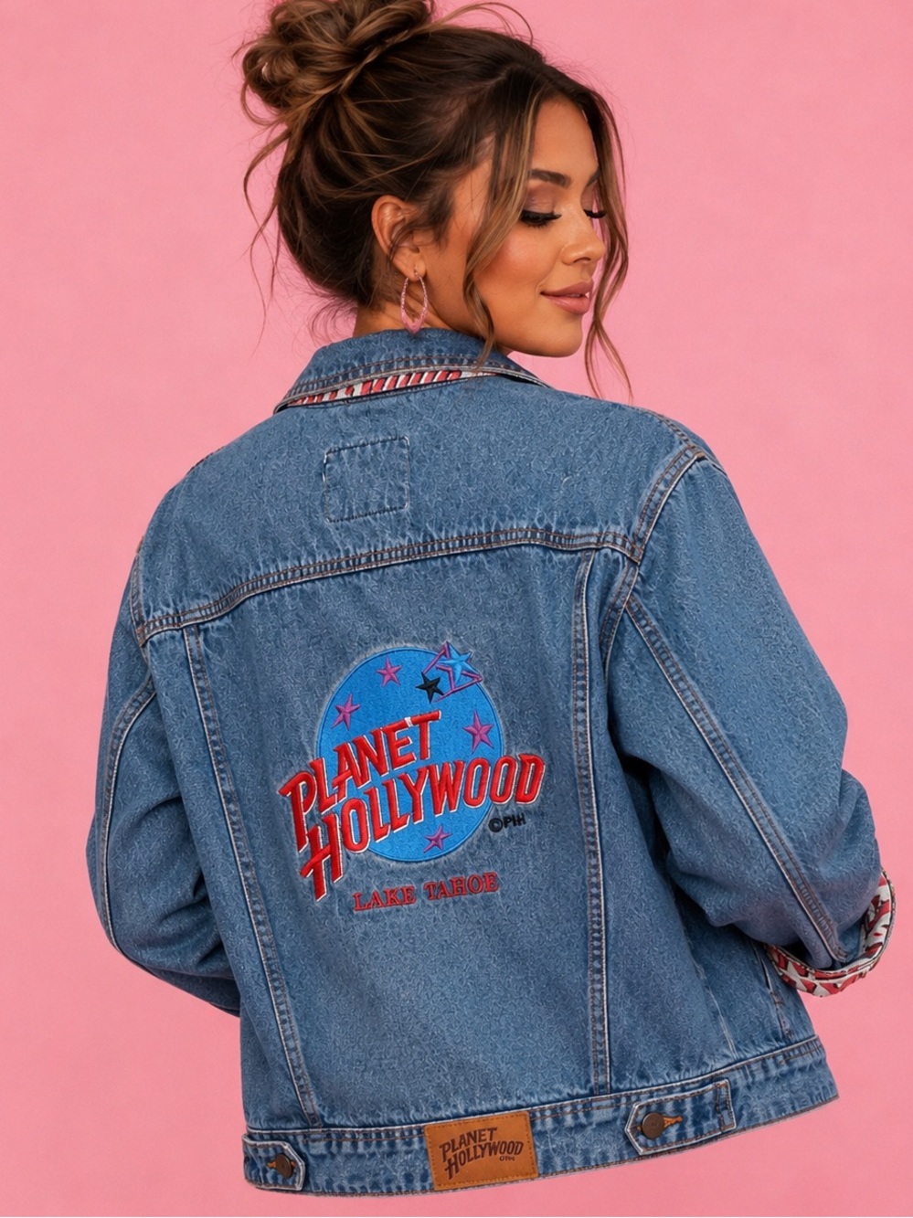 Vintage Planet Hollywood Lake Tahoe Denim Jacket Embroidered Logo 90s Y2K SZ 10